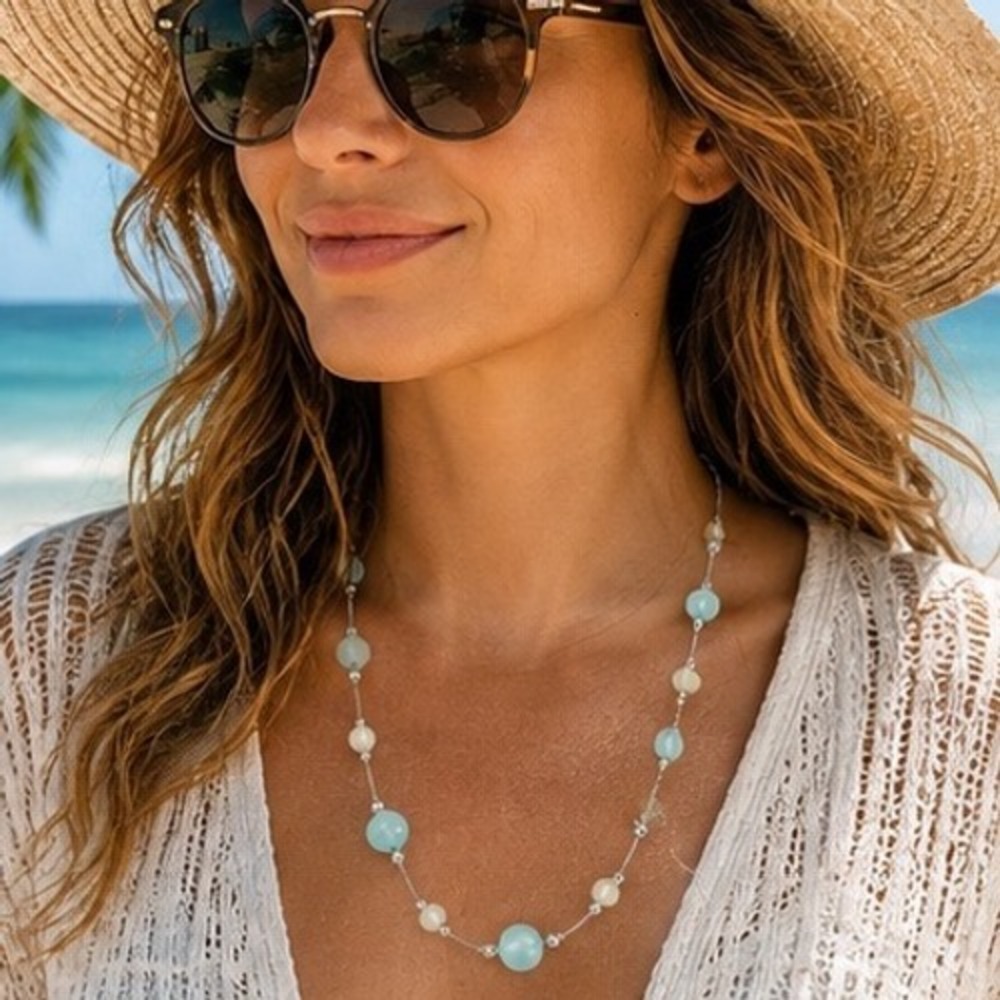Station Necklace Silver Tone Bar Chain Coastal Summer Jewelry Translucent